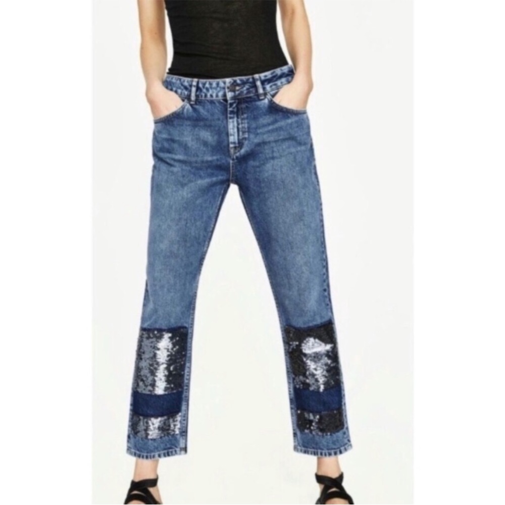 Zara basic denim sequin jeans cropped boyfriend f… - image 1